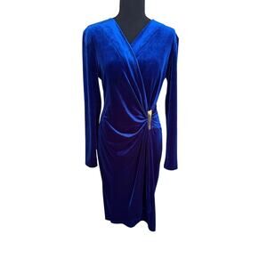 Calvin Klein Womens 8 Royal Blue Velvet Ruched Cocktail Dress Long Sleeve Midi